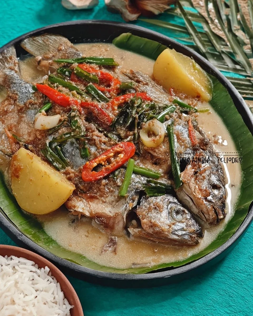 Bowl of braised tambakol fish cooked in rich coconut milk sauce.