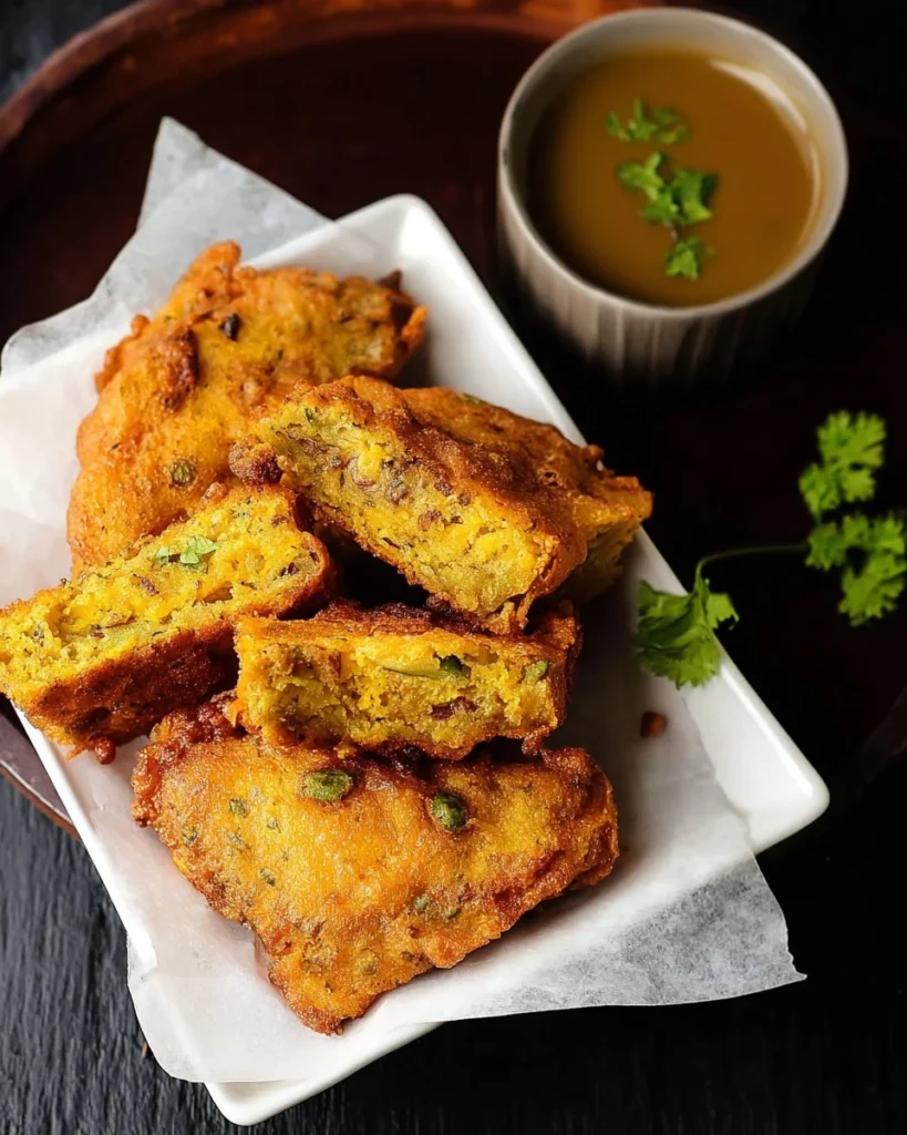 Crispy Bread Pakoras served with chutney on a plate