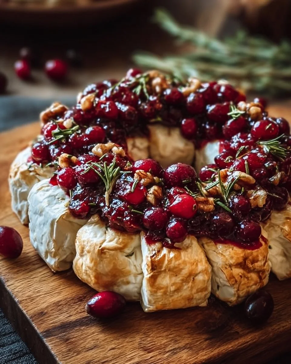 Brie Cheese and Cranberry Christmas Wreath on a festive table.