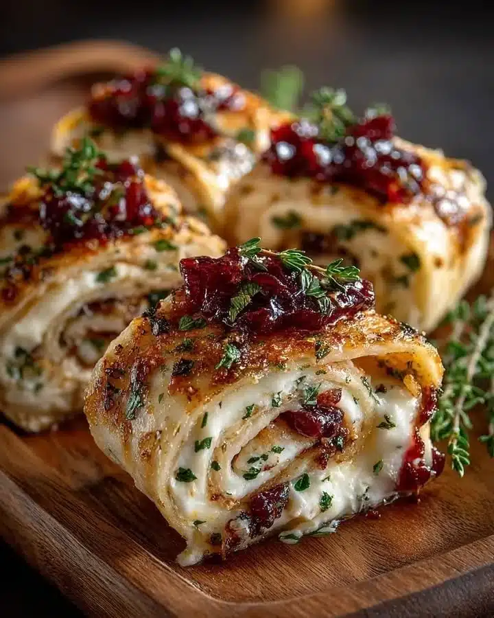 Brie and cranberry stuffed flatbread pinwheels arranged on a plate