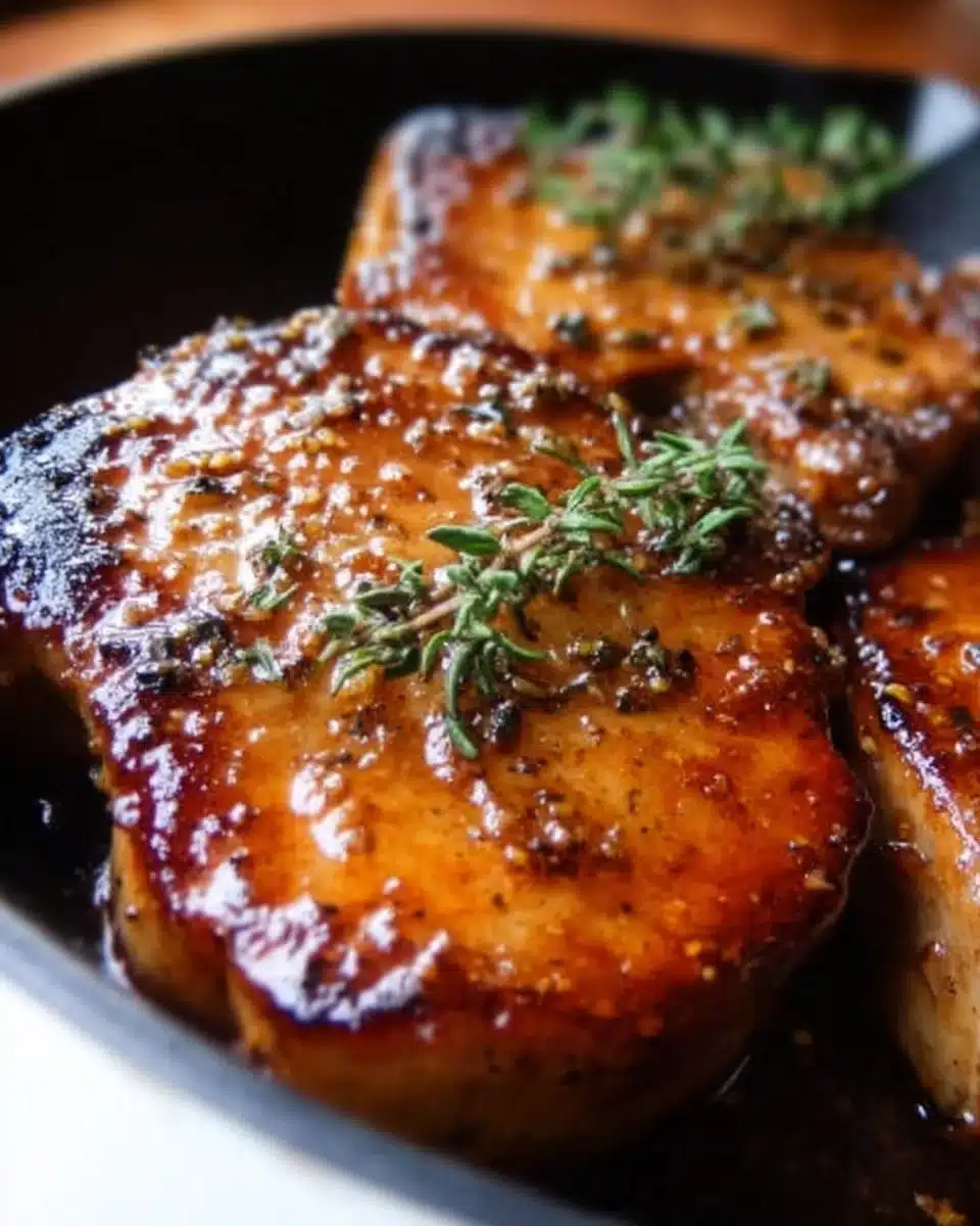 Brown Sugar Garlic Pork Chops served on a plate with herbs and side dishes.
