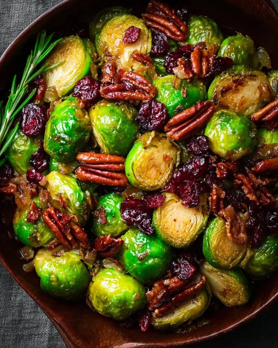 Brussels sprouts sautéed with bacon, pecans, and cranberries for a festive side dish