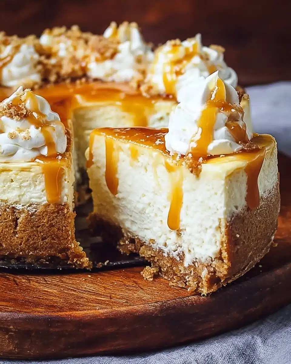 Slice of decadent Butterbeer Cheesecake with a butterscotch drizzle topping.