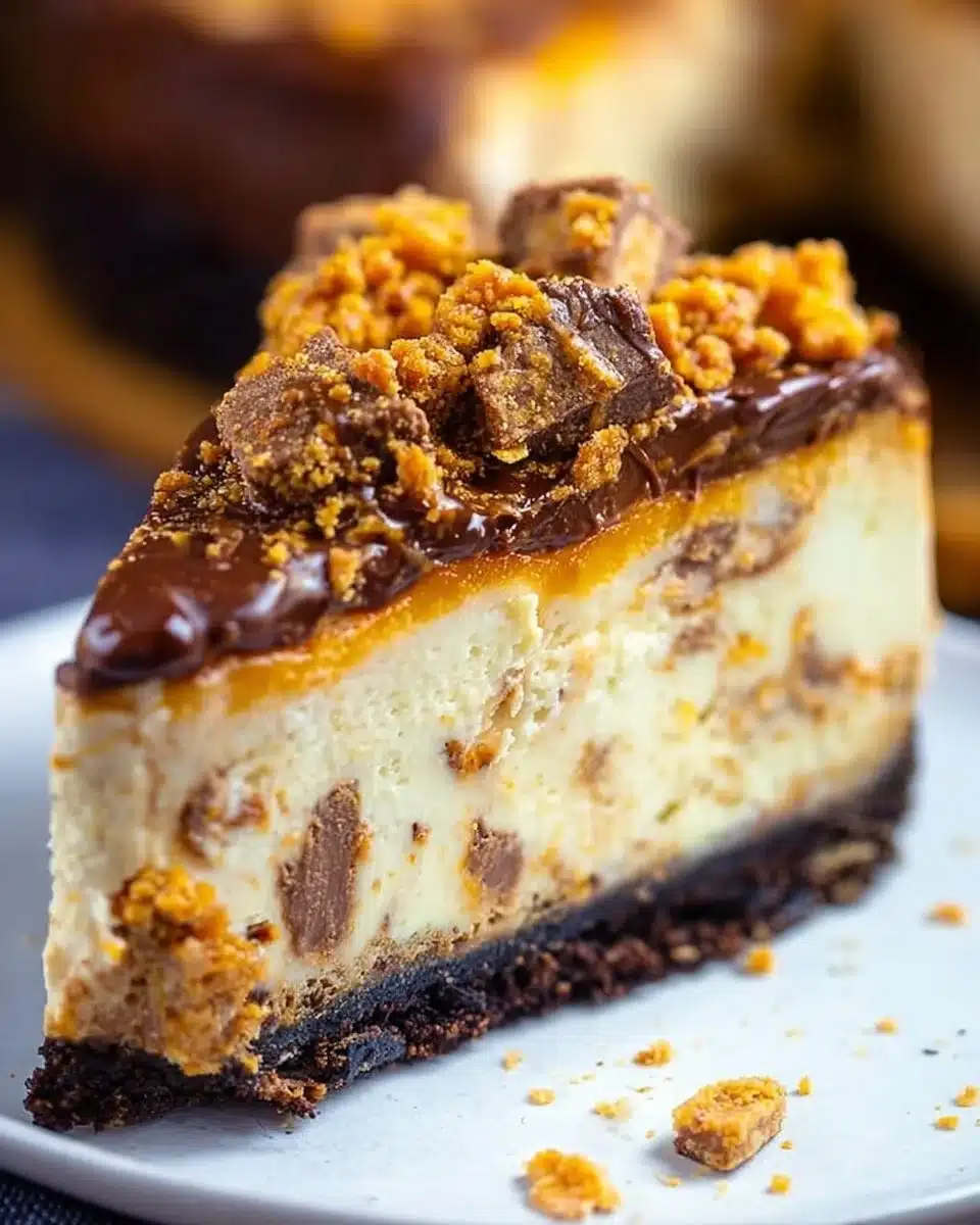 Delicious Butterfinger Cheesecake topped with crushed Butterfinger bars