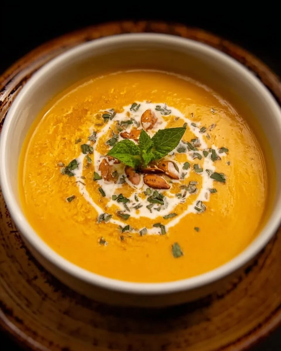 Bowl of creamy butternut ginger soup garnished with fresh herbs.