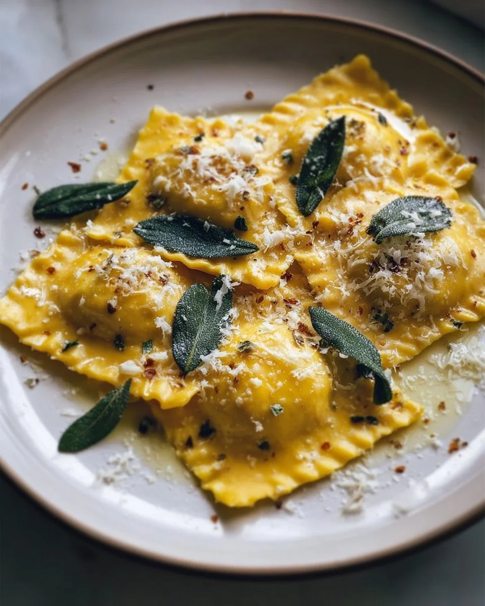 Plate of homemade butternut squash ravioli topped with sage butter sauce