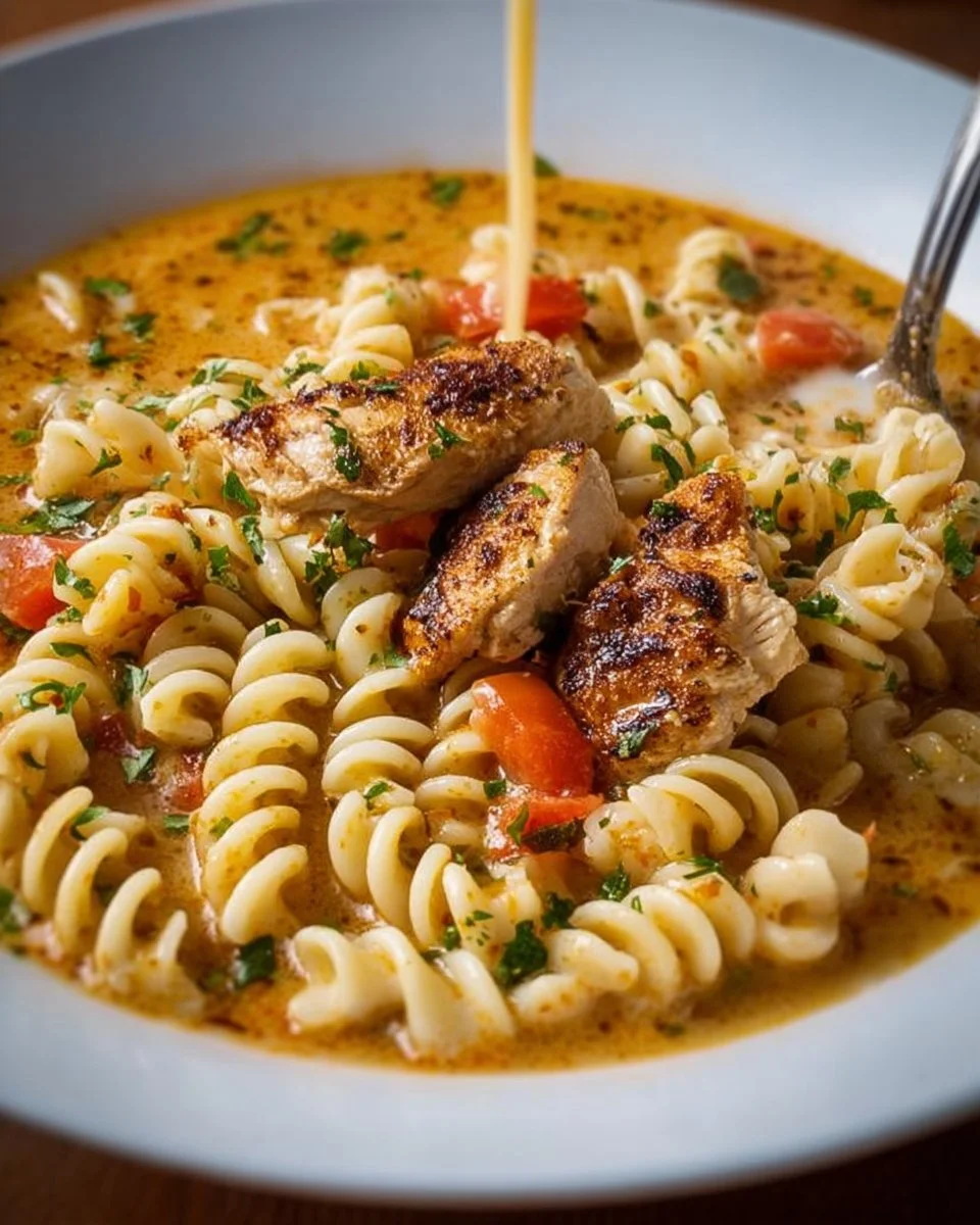 Bowl of Cajun Chicken Soup Pasta garnished with herbs and spices