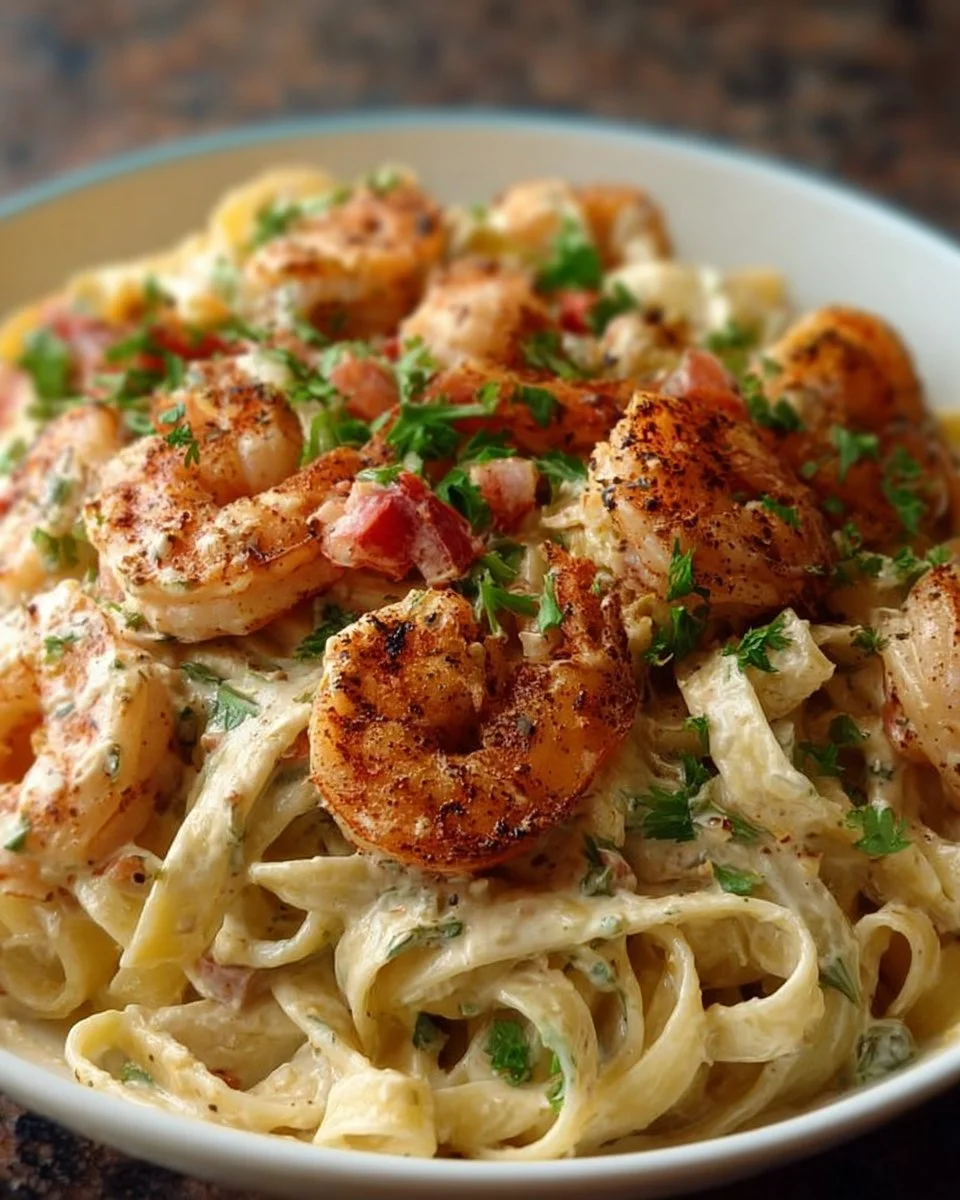 Plate of Cajun Shrimp Alfredo with shrimp, fettuccine, and creamy sauce