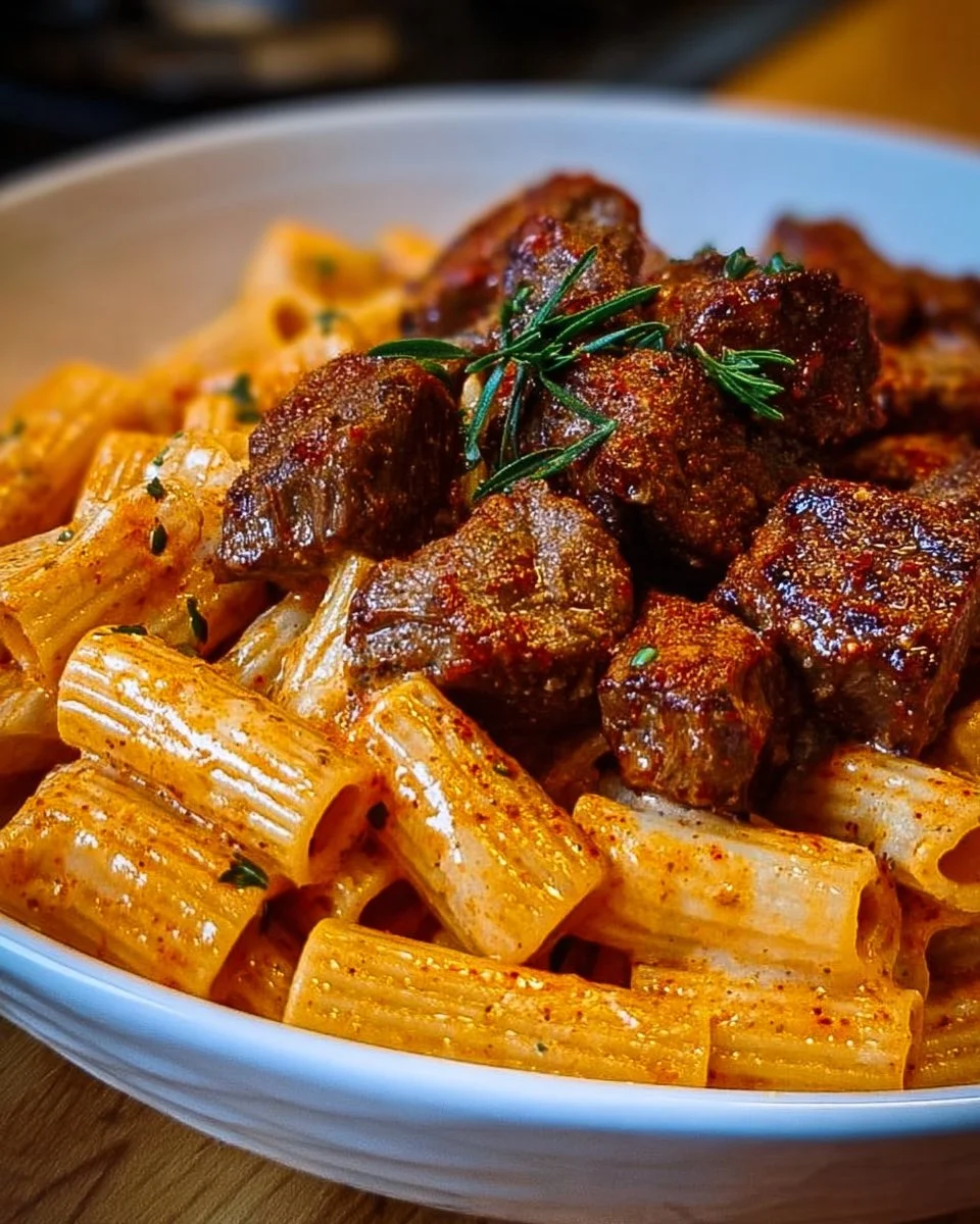 Delicious Cajun Steak Tips with creamy rigatoni Parmesan on a plate