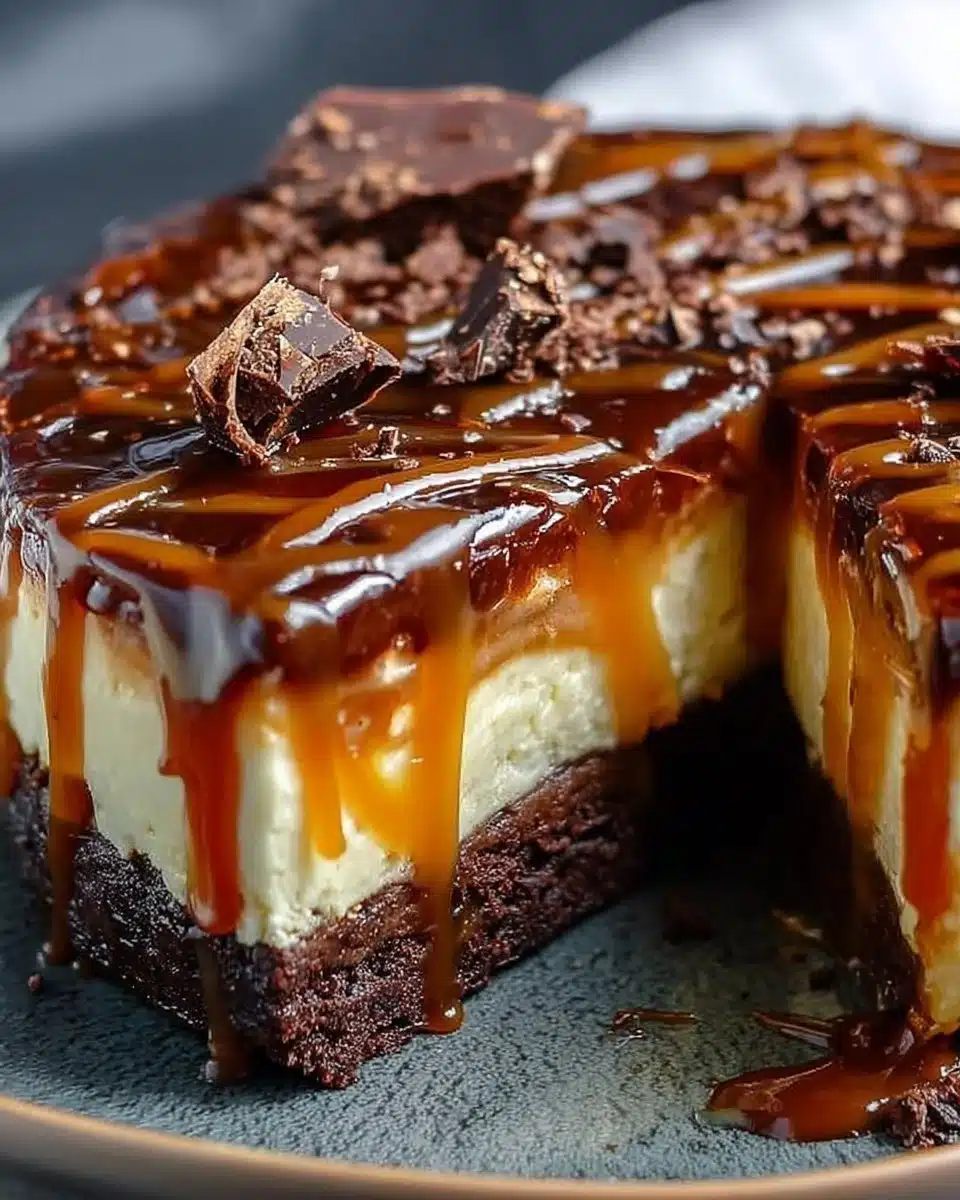 Caramel brownie cheesecake topped with drizzled caramel sauce and chocolate.