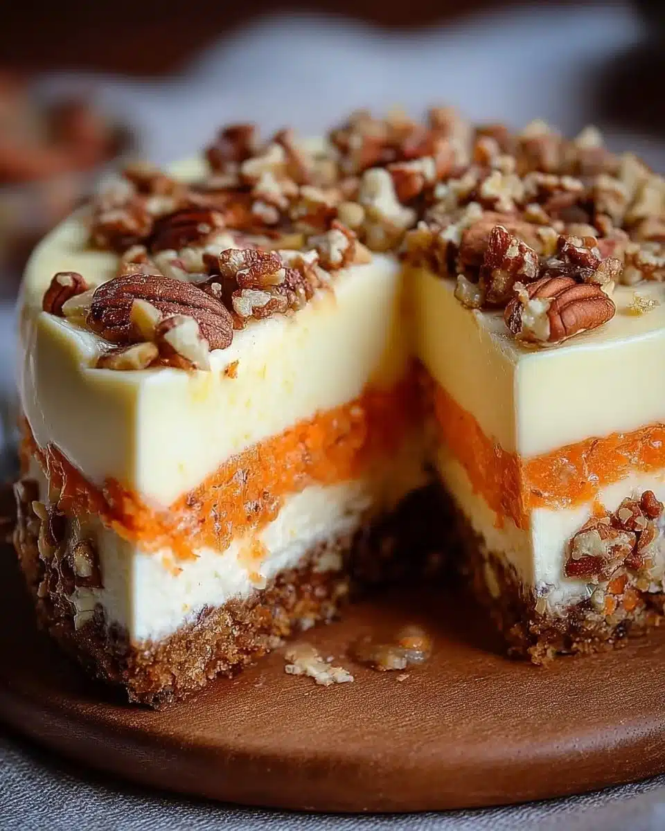 Delicious carrot cake cheesecake with cream cheese frosting and walnuts on top.