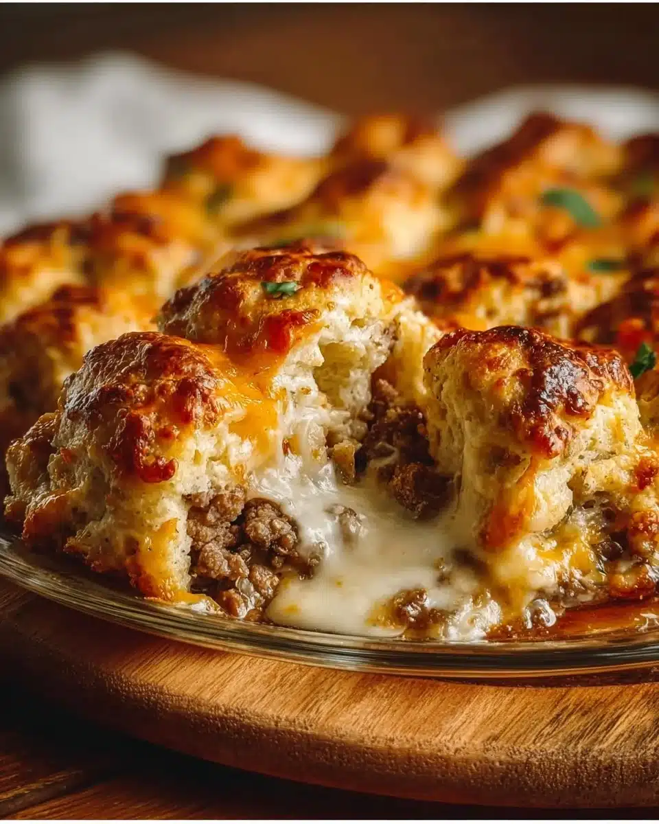 Delicious cheesesteak bubble up biscuit bake served hot in a dish.
