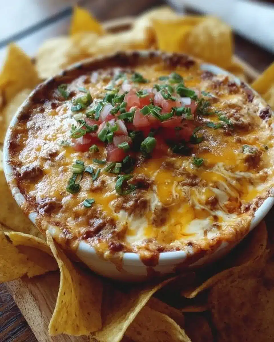 Delicious cheesy bean dip served in a bowl with chips on the side.