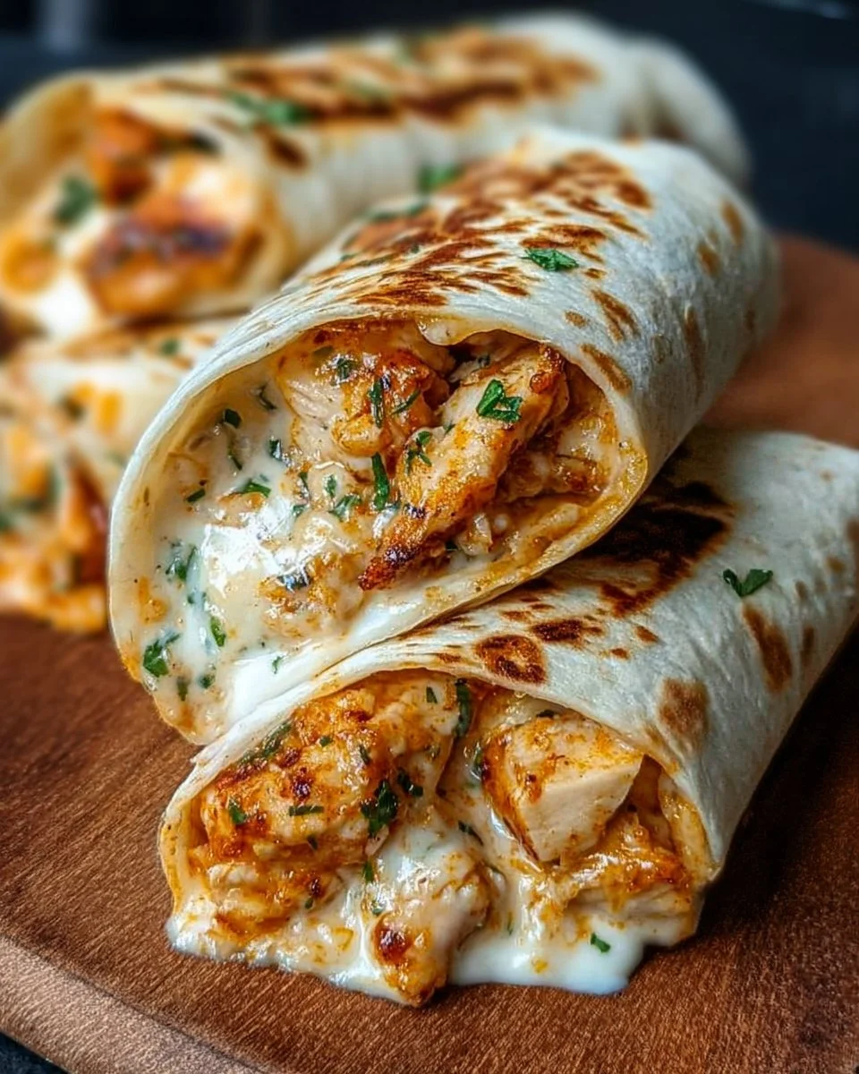 Delicious cheesy chicken garlic wraps served on a plate.