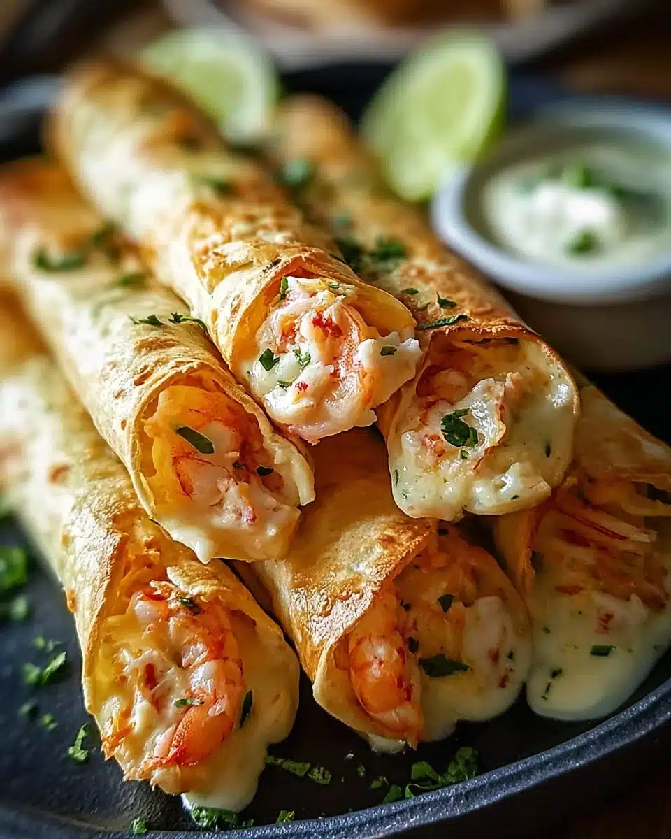 Cheesy crab and shrimp taquitos on a plate, garnished and ready to serve.