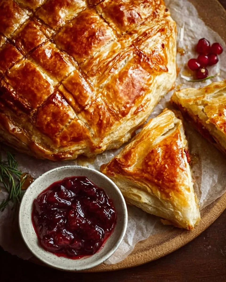 Cheesy Cranberry Pithivier with flaky pastry and melted cheese filling