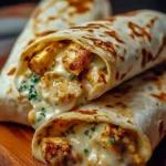 Delicious cheesy garlic chicken wraps served on a plate with fresh ingredients