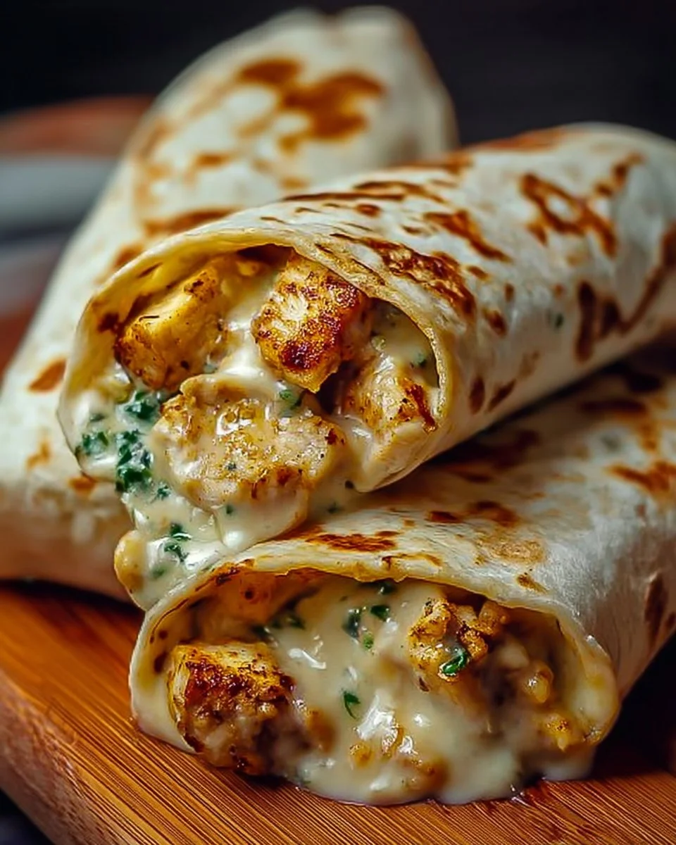 Delicious cheesy garlic chicken wraps served on a plate with fresh ingredients