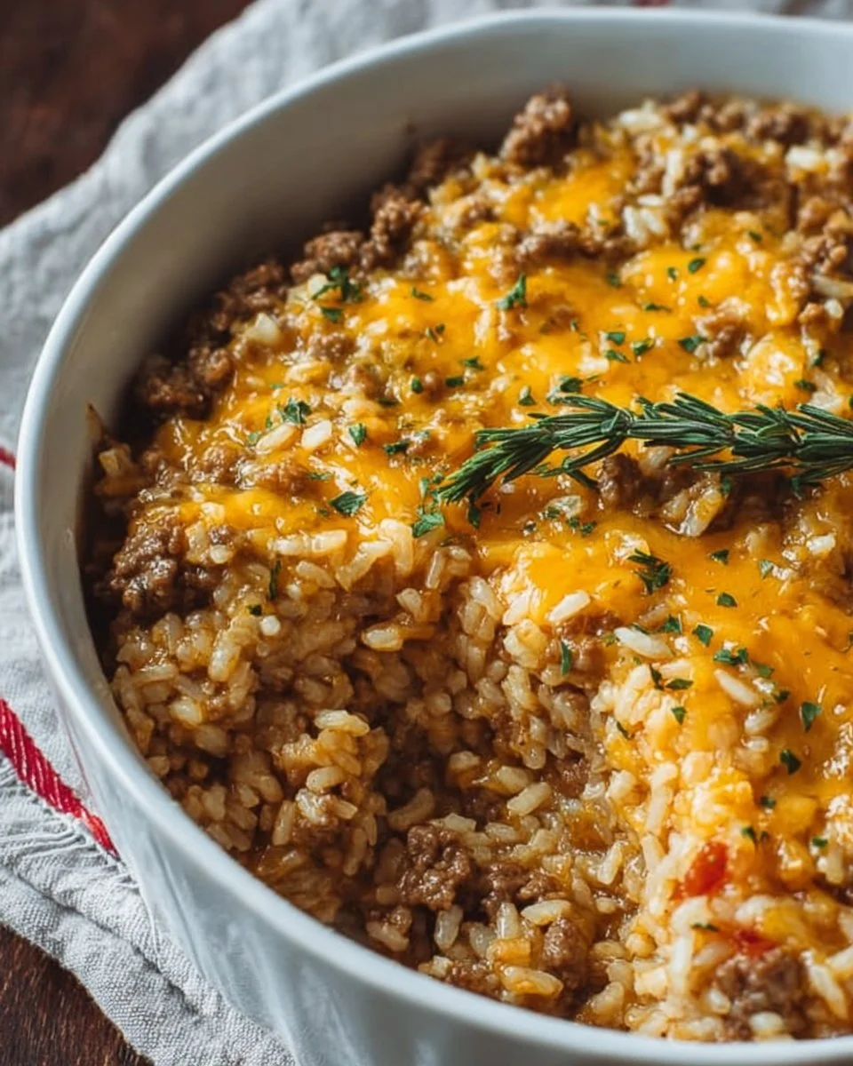 Cheesy Ground Beef and Rice Casserole served in a dish