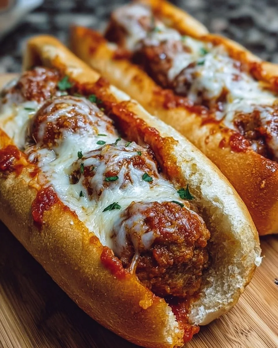 Delicious cheesy meatball subs topped with melted cheese and herbs