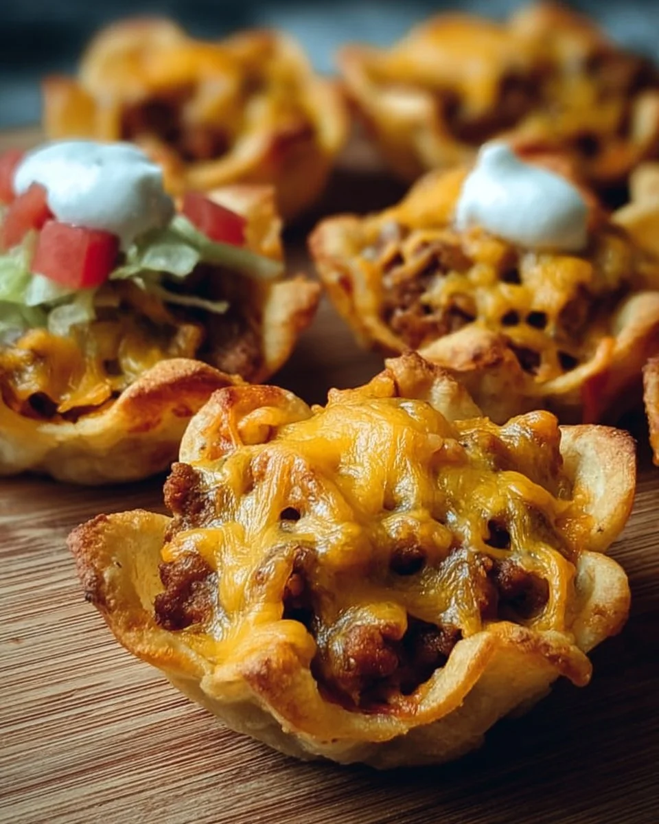 Cheesy taco cups filled with savory ingredients for a tasty snack