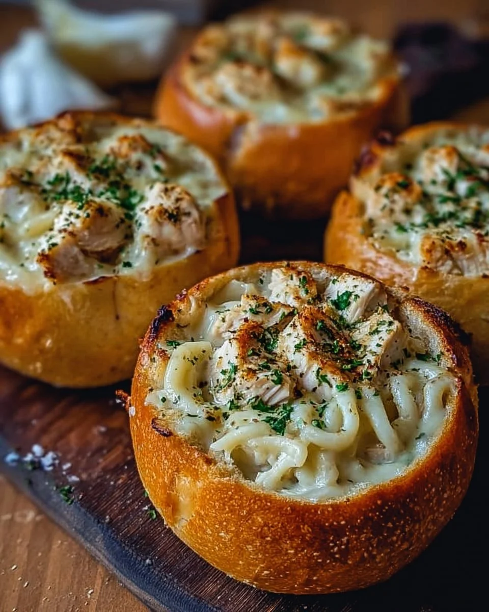 Chicken Alfredo served in garlic bread bowls for a tasty meal.