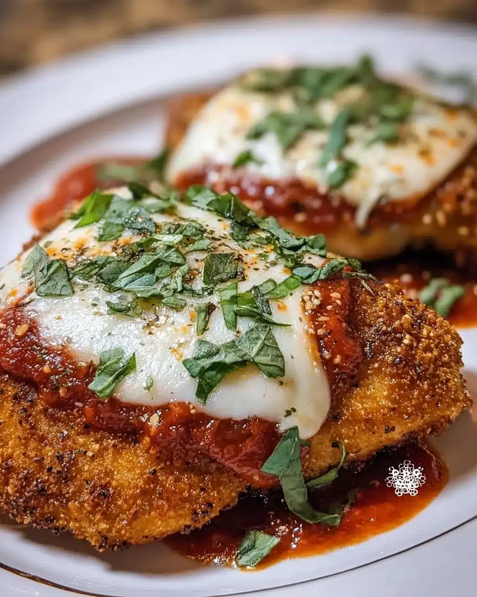Delicious Chicken Parmesan served with marinara sauce and melted cheese