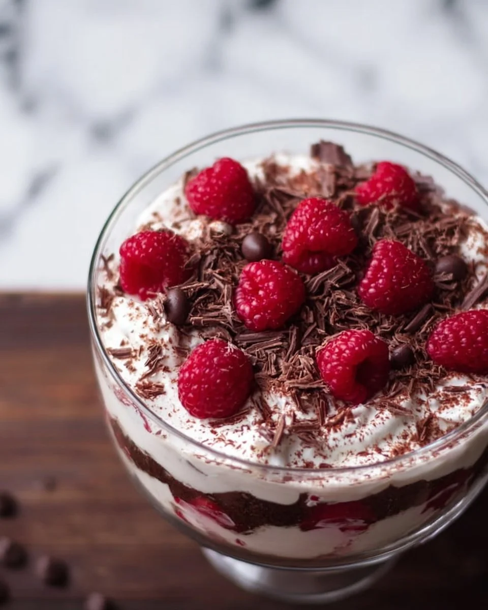 Decadent Chocolate Raspberry Trifle with layers of chocolate and fresh raspberries