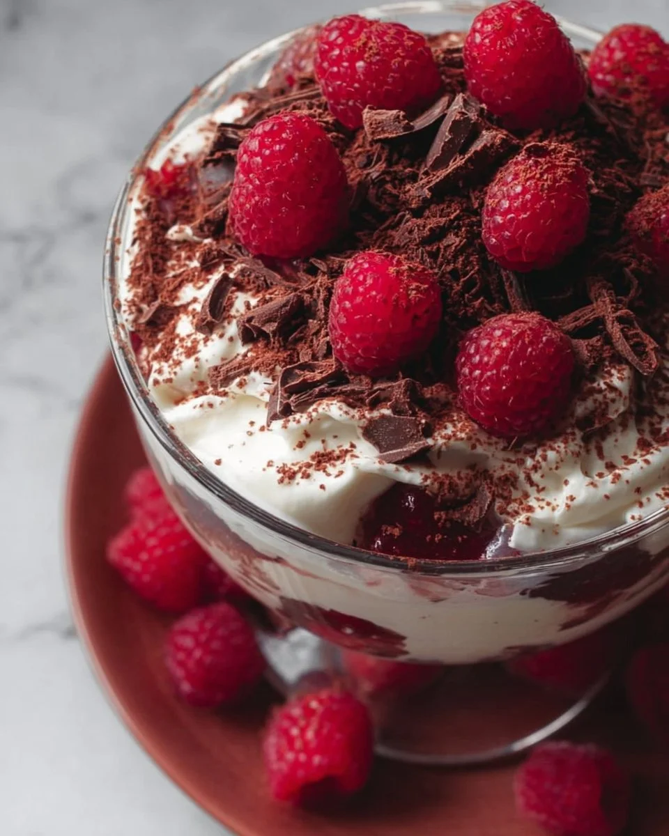 Decadent Chocolate Raspberry Trifle with layers of chocolate, raspberries, and cream.