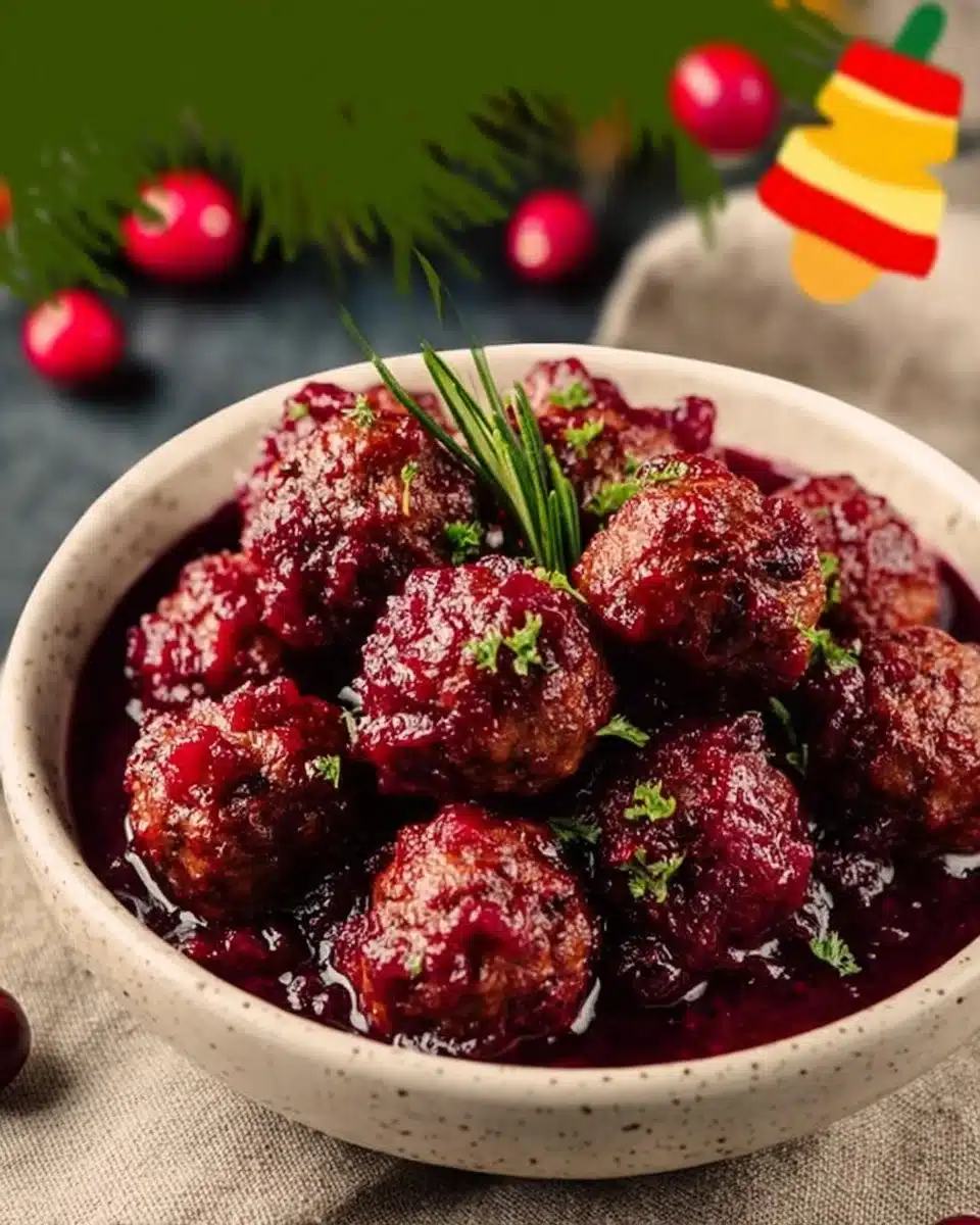 Christmas Cranberry Meatballs served on a festive platter