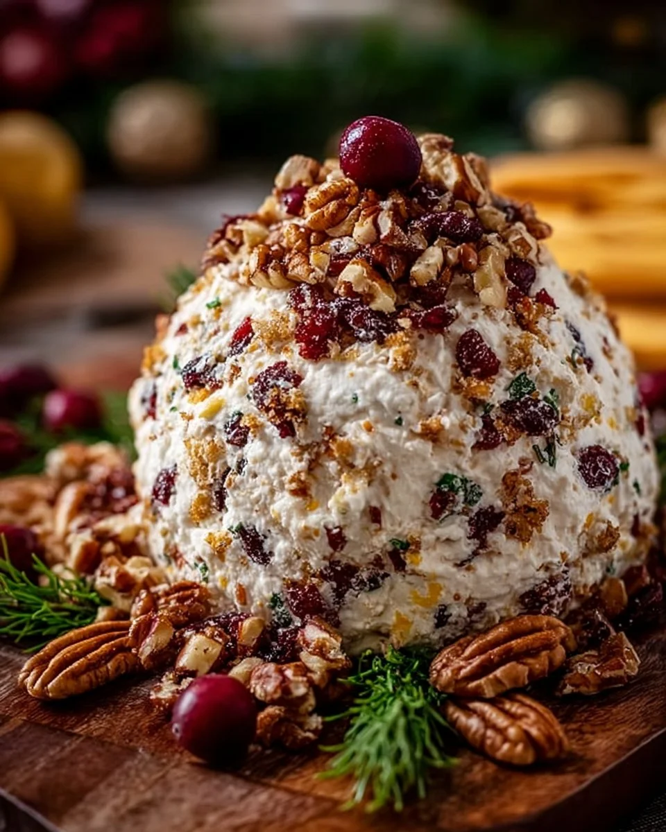 Christmas cranberry pecan cheese ball topped with nuts and cranberries