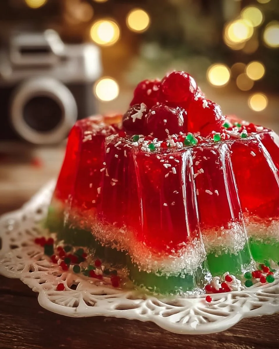 Colorful Christmas Jello Cake decorated for holiday celebrations.