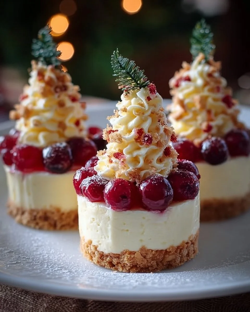 Festive Christmas Tree Mini Cheesecakes decorated for the holidays