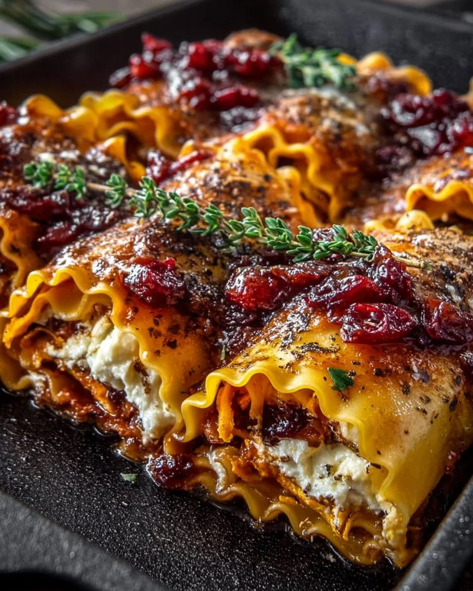 Cinnamon roasted sweet potato and cranberry lasagna rolls plated and ready to serve.