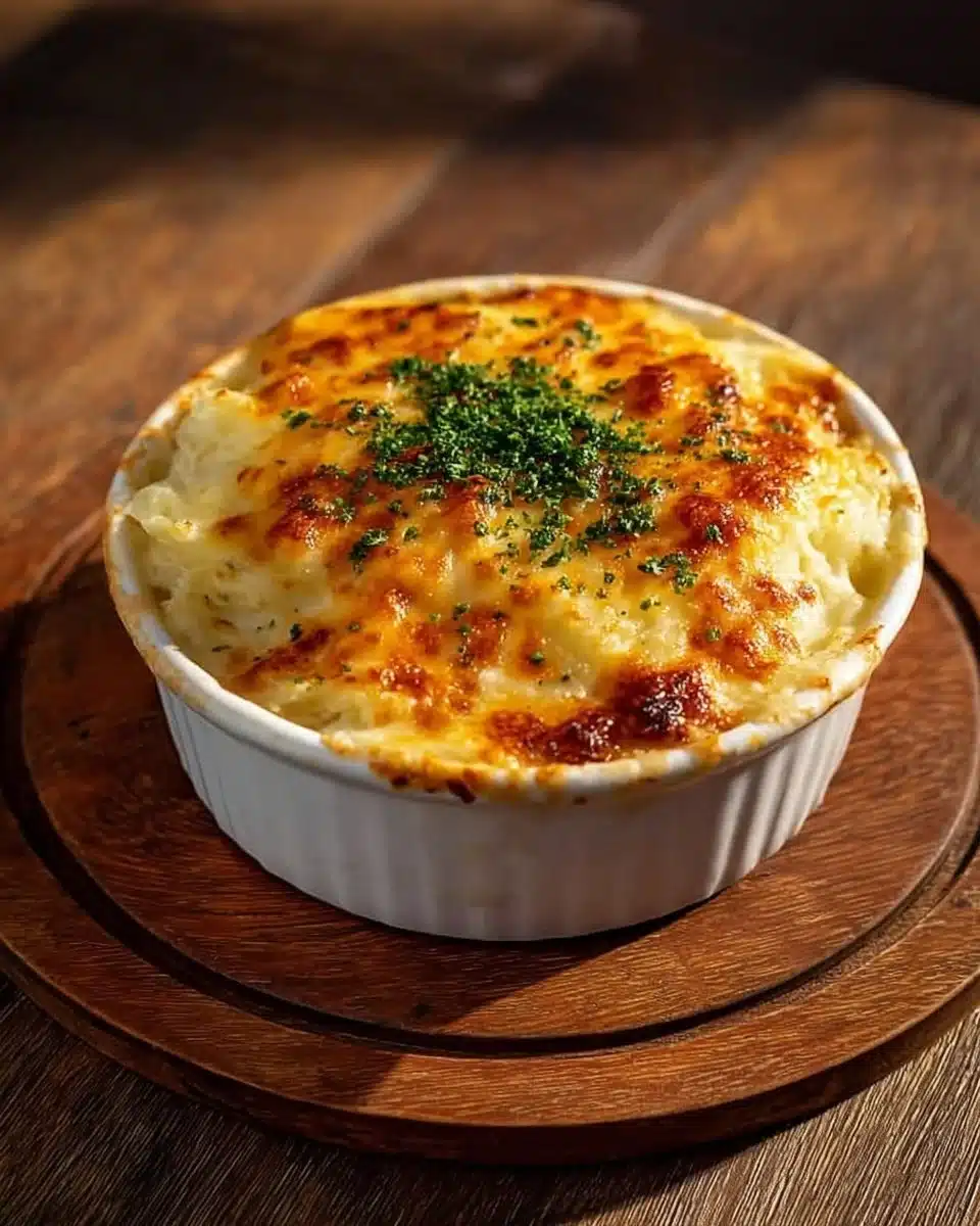Delicious classic Au Gratin Potatoes topped with melted cheese and golden crust.