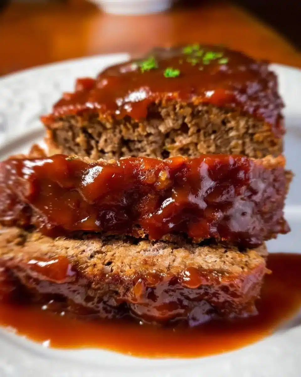 Classic meatloaf served with brown gravy on a plate
