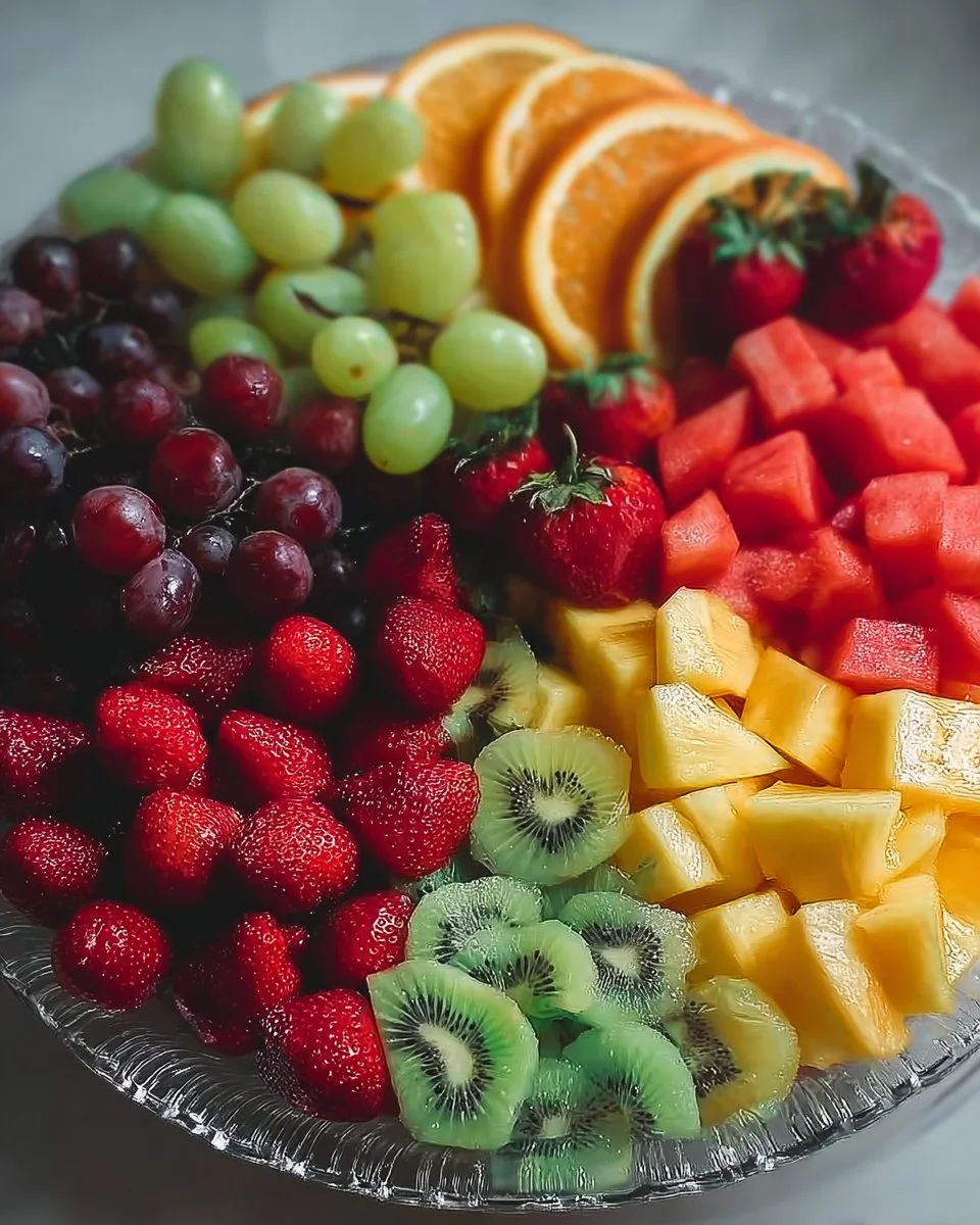 Colorful fresh fruit platter featuring a variety of seasonal fruits