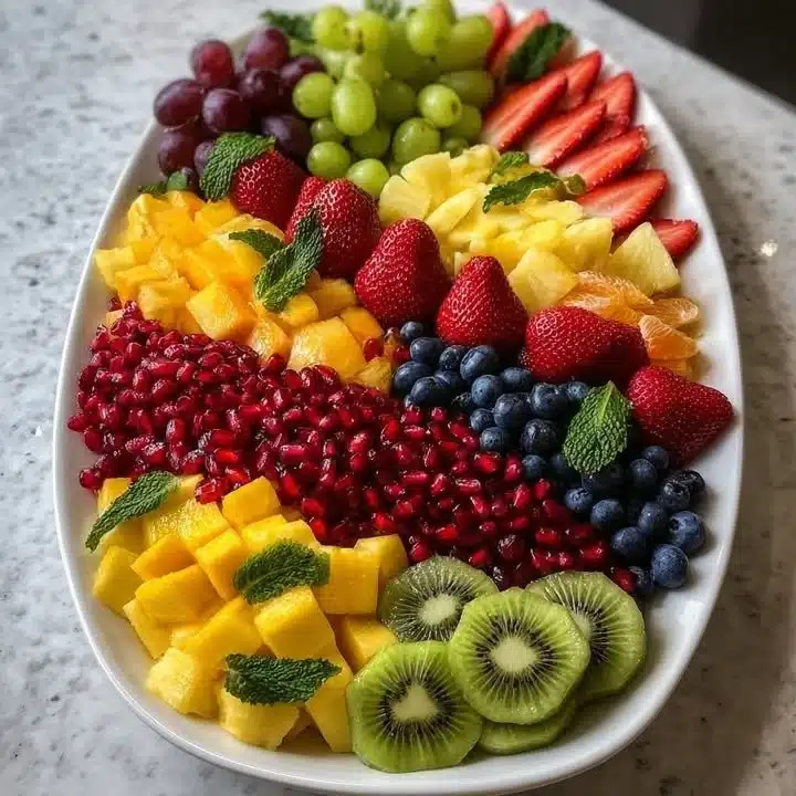 Colorful fruit platter featuring assorted fruits artfully arranged.