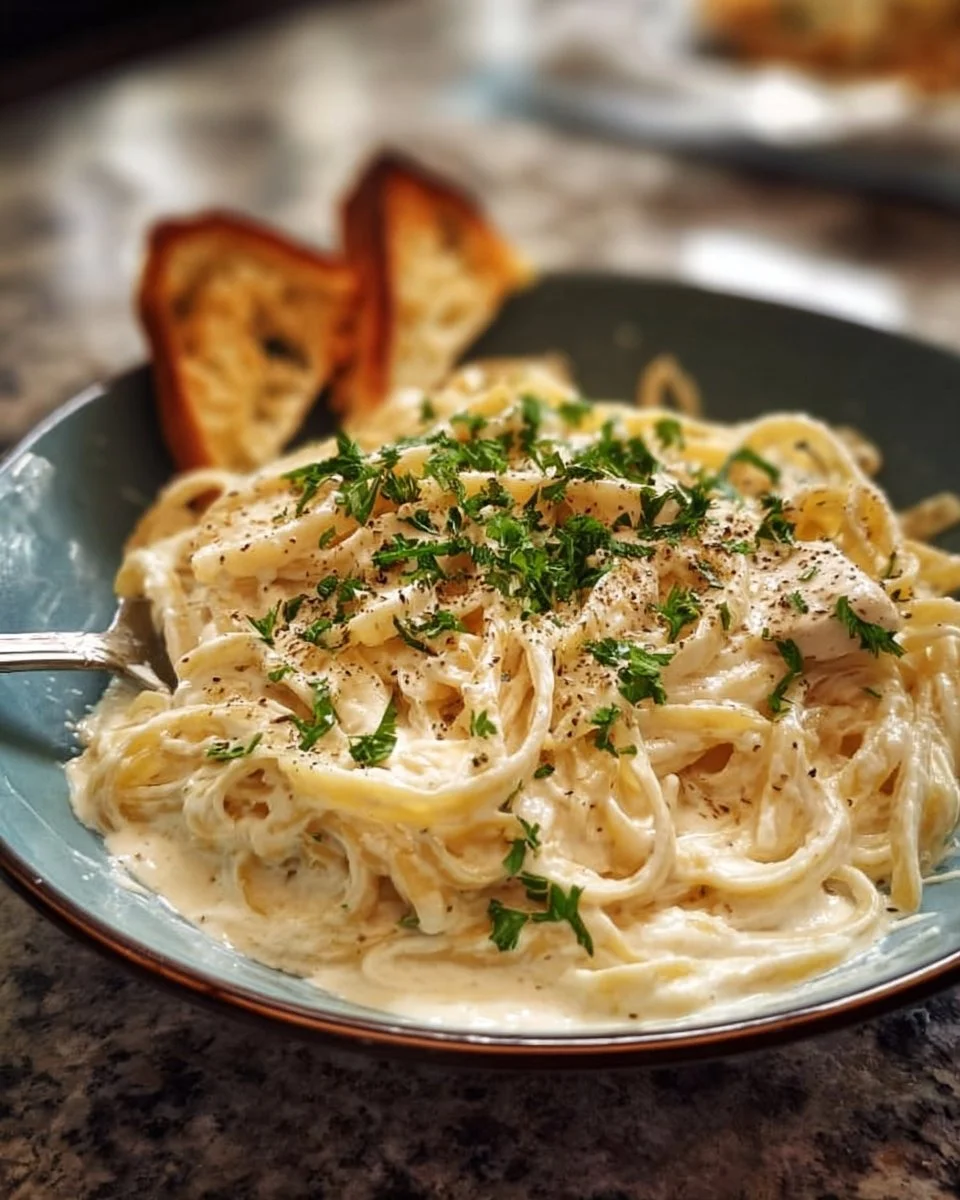 Creamy Cottage Cheese Alfredo Pasta served on a plate