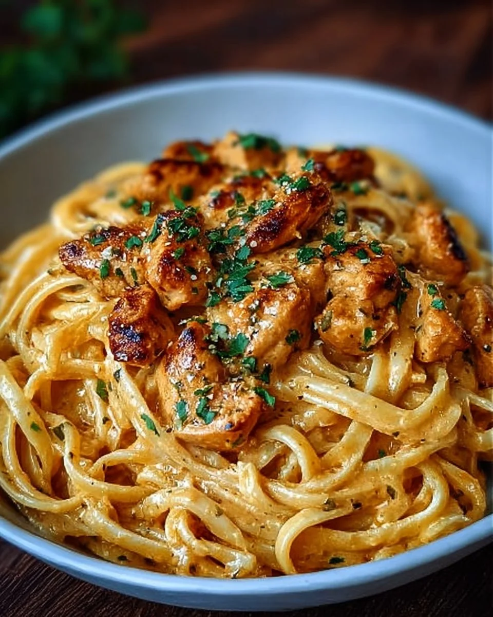 Plate of Cowboy Butter Chicken Linguine topped with herbs and spices