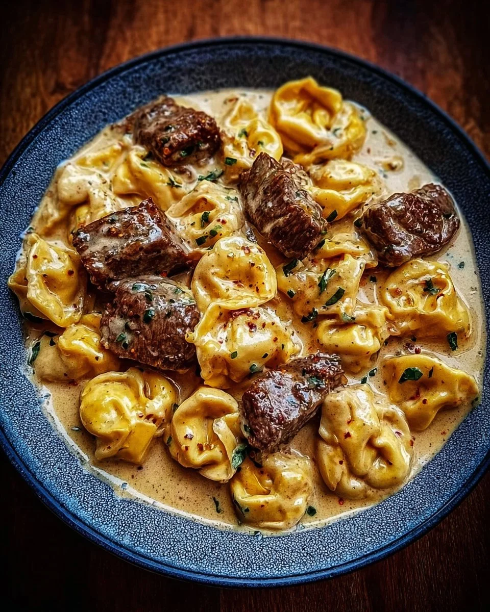 Delicious Garlic Steak Tortellini in Creamhouse Sauce served on a plate