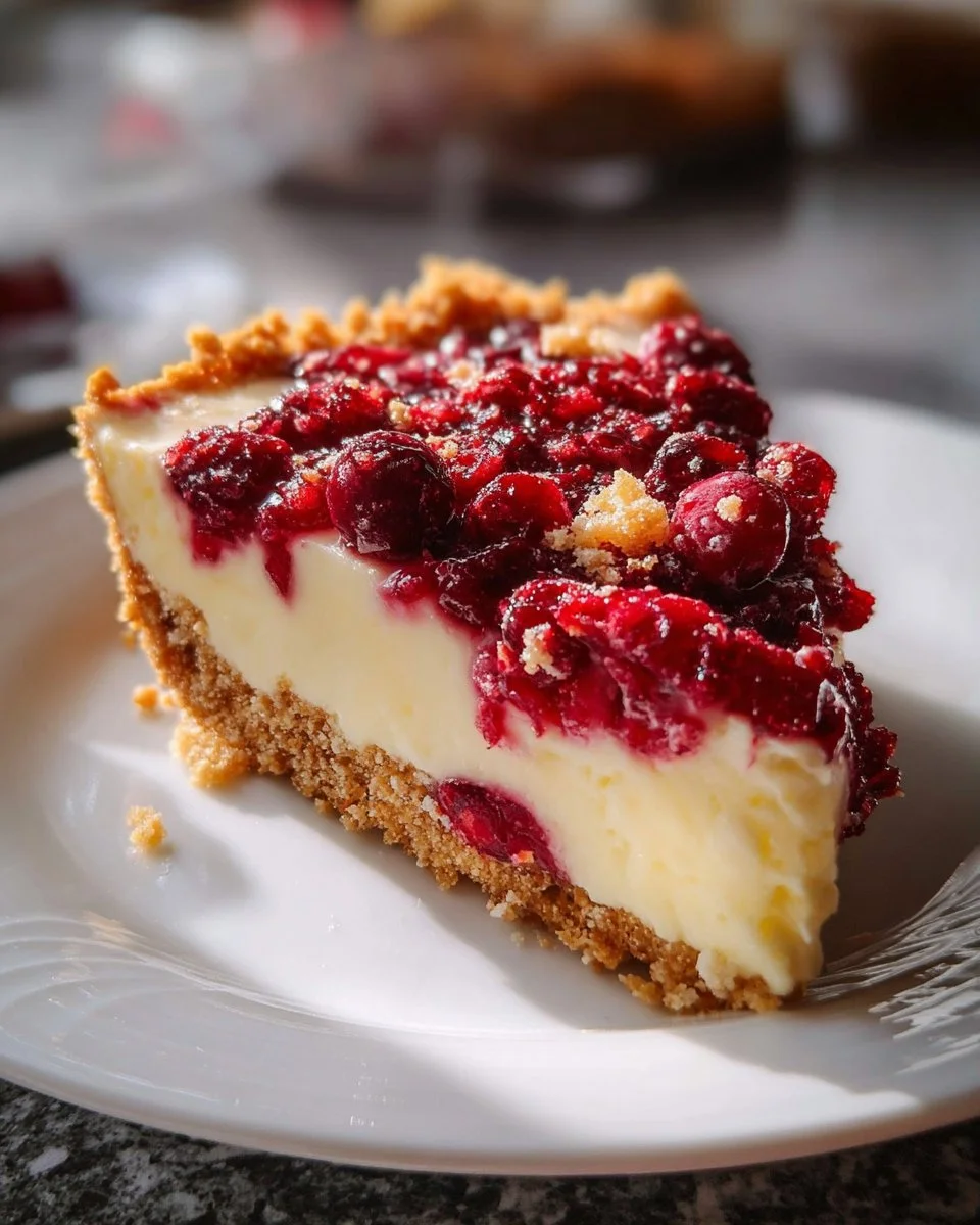 Slice of Cranberry Cream Cheese Pie on a plate with a festive garnish