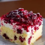 Delicious Cranberry Poke Cake topped with whipped cream and cranberries