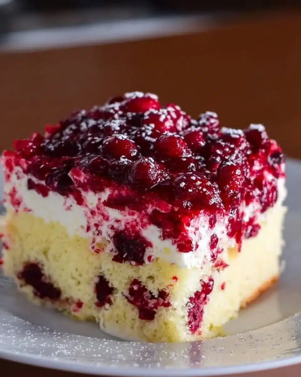 Delicious Cranberry Poke Cake topped with whipped cream and cranberries