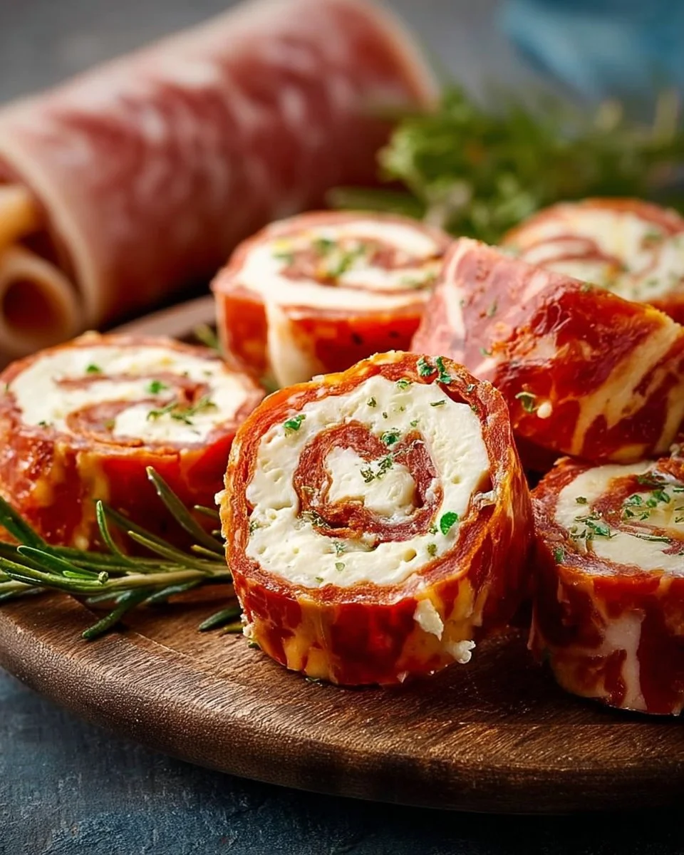 Cream cheese salami roll ups on a platter, ready to serve as an appetizer.