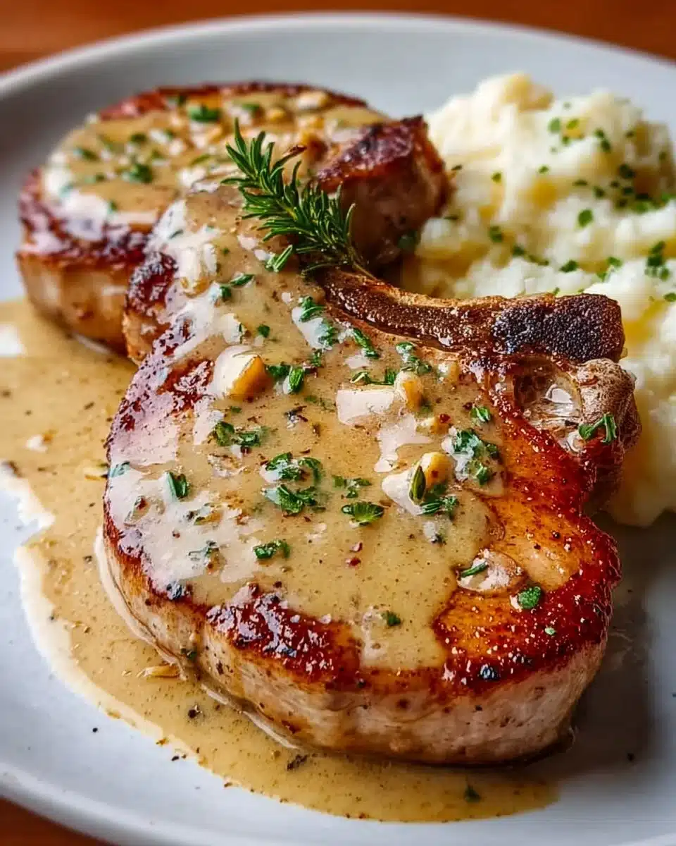 Creamy baked pork chops served with vegetables on a plate