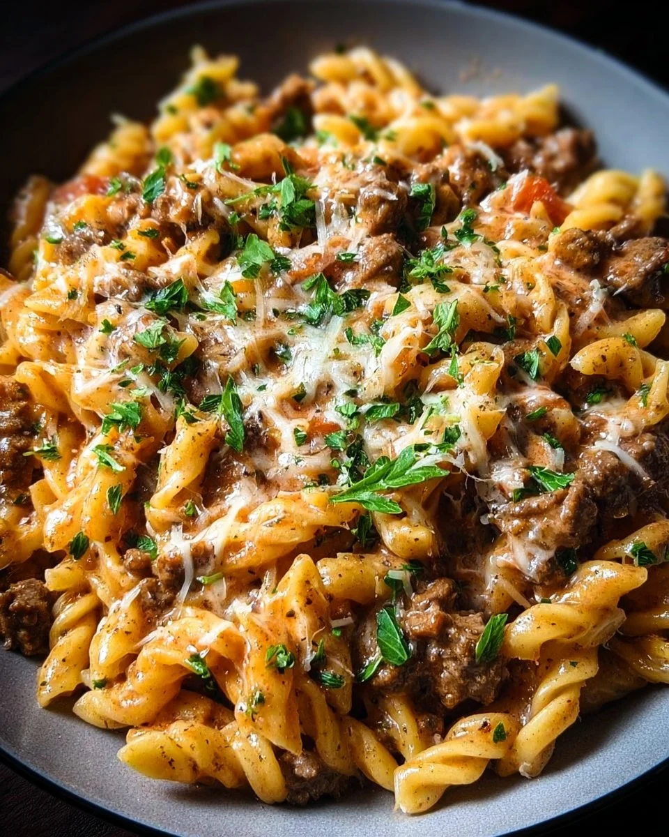 Creamy beef pasta dish served in a bowl with herbs and cheese on top