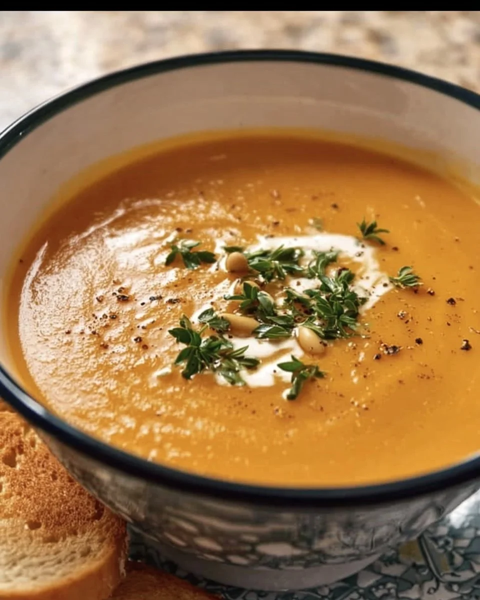 Bowl of creamy butternut squash soup garnished with herbs and cream.