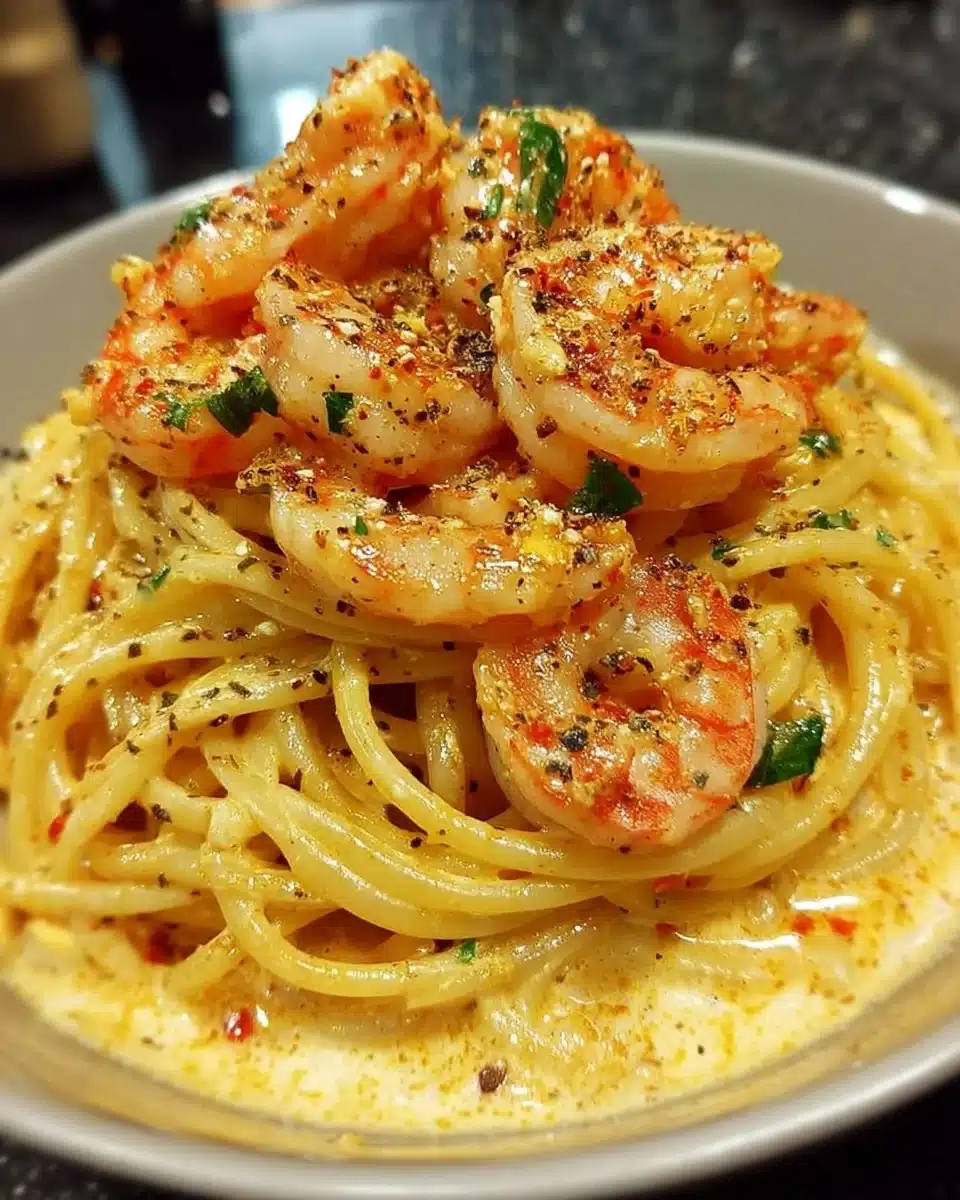 Creamy Cajun shrimp pasta volcano topped with fresh herbs and spices