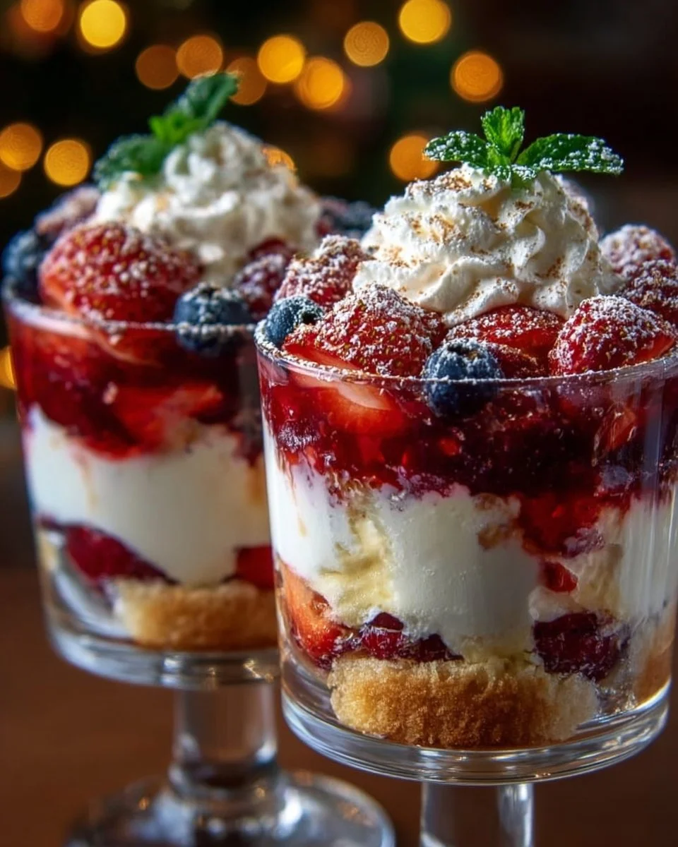 Creamy Christmas trifle parfait shots served in decorative glasses